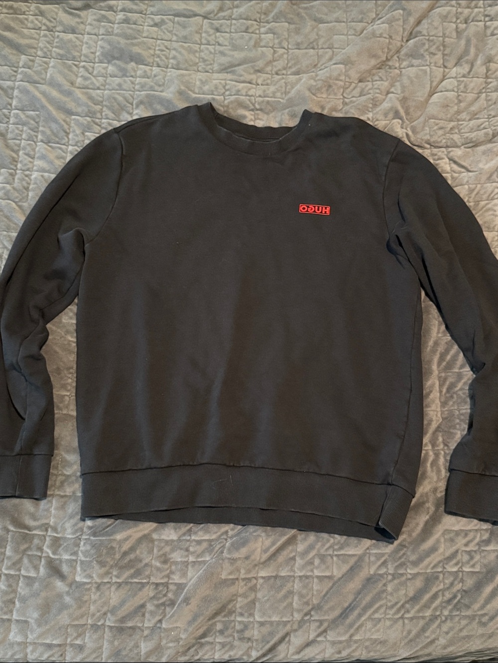 HUGO Black Crewneck Sweatshirt with Red Logo Patch
